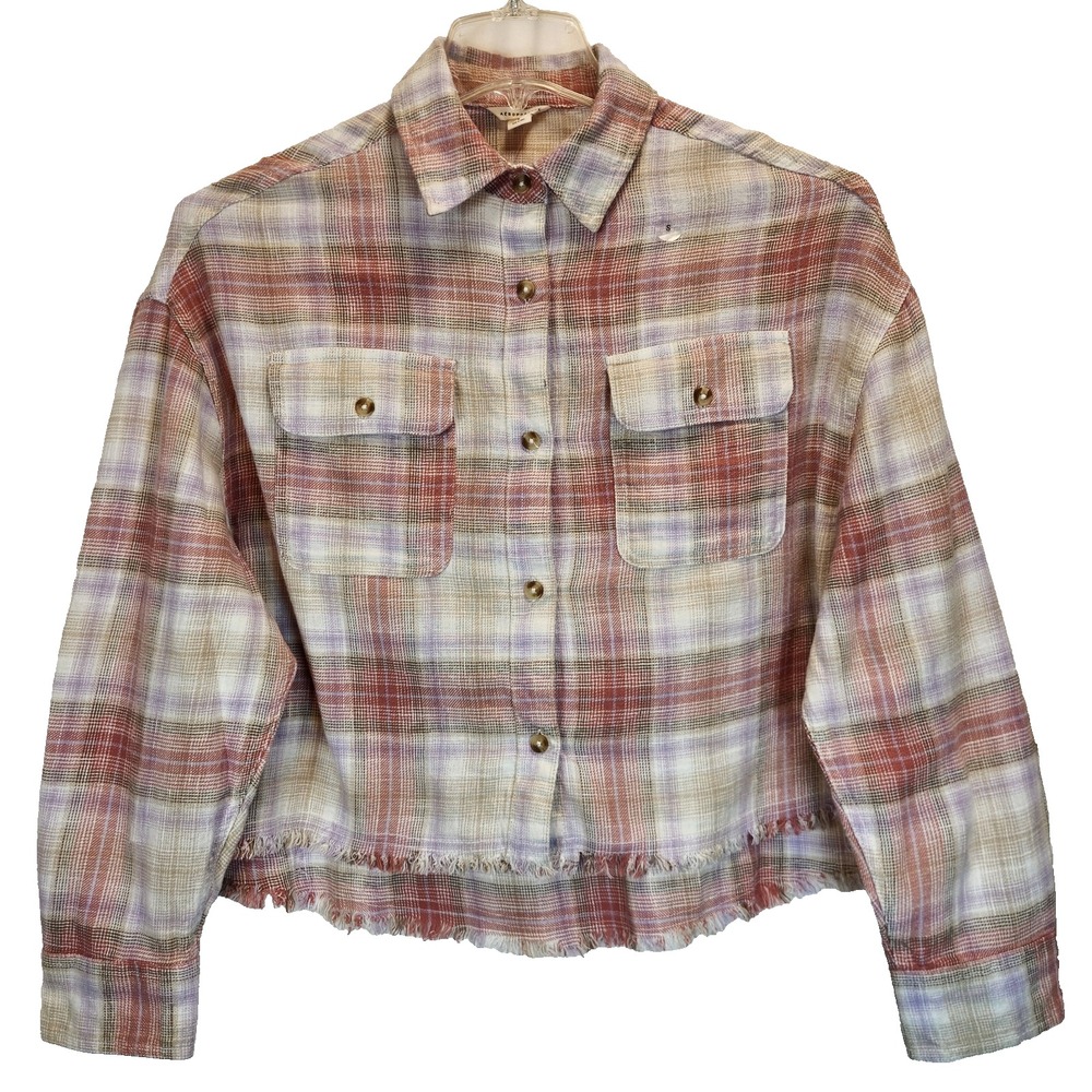 Aeropostale Women`s Plaid Cropped Flannel Shirt Shacket Pink Pastel Raw Hem Sz S